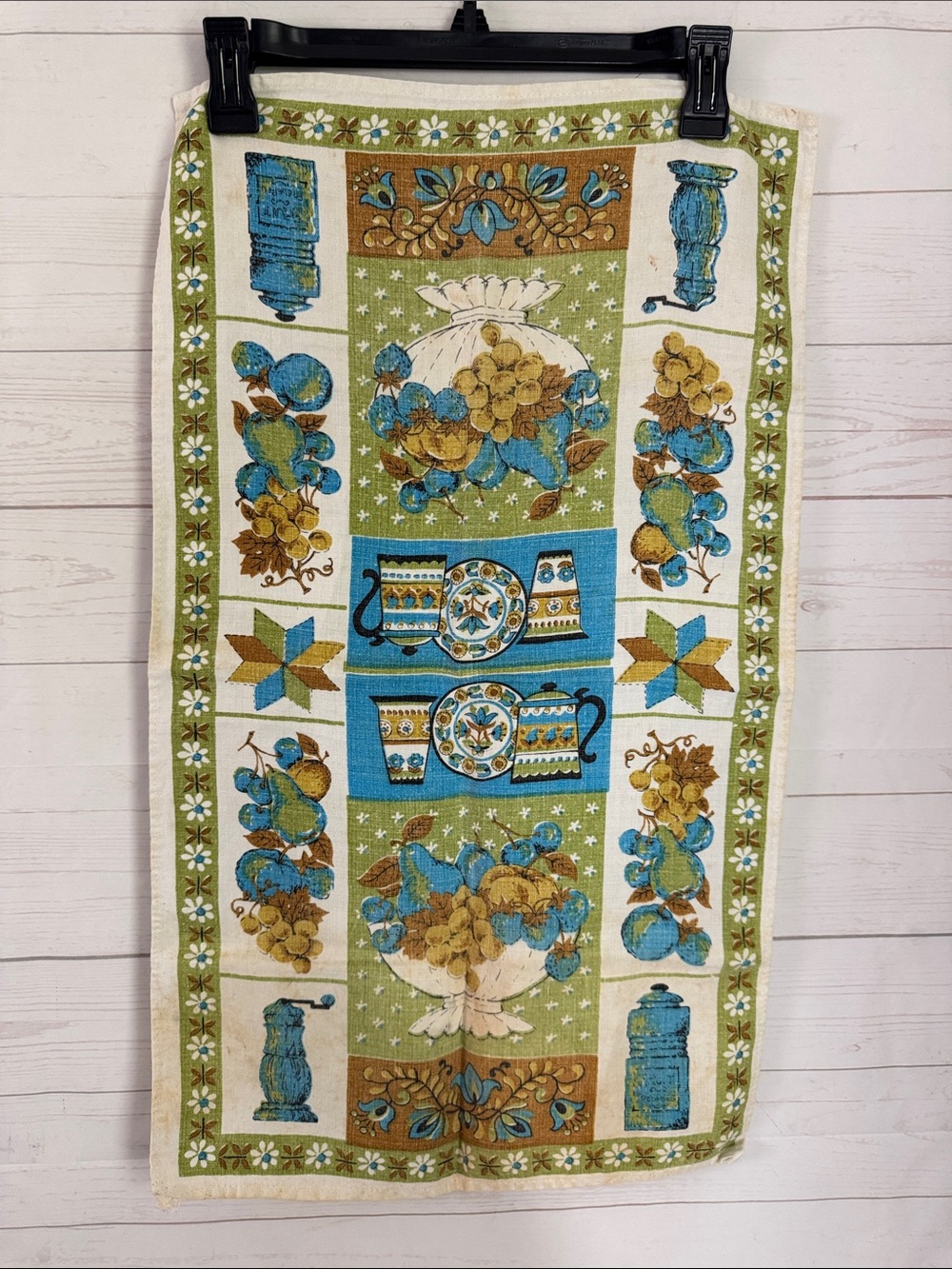 Vintage MCM Persian Prints Linen Floral Tea Towel - Blue, Green & Gold Print